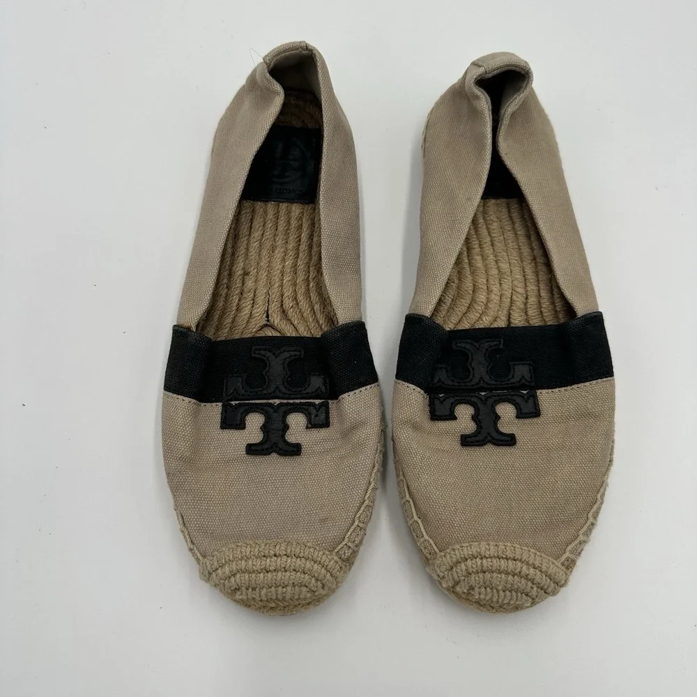TORY BURCH Weston Beige Canvas Logo Espadrille Flats Sz Women's 7 Boho Beach